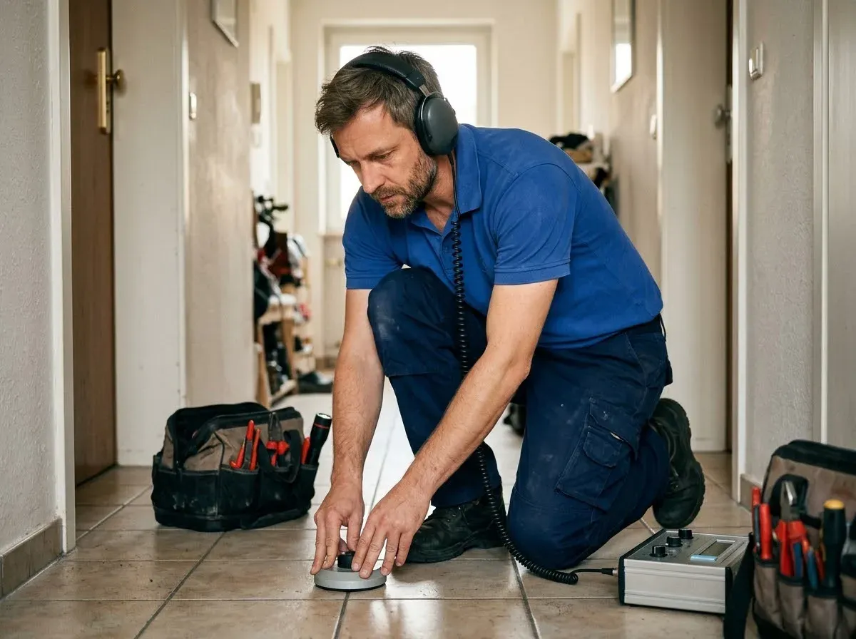 Sanitär-Techniker hört mit einem Bodenmikrofon den Estrich im Flur nach einem Wasserleck ab