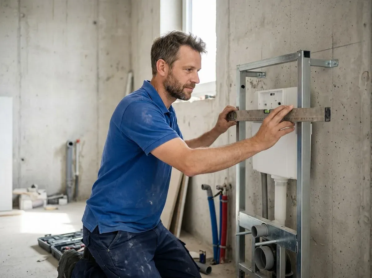 Sanitär-Techniker richtet im Rohbau ein Vorwandelement mit Trinkwasseranschlüssen aus