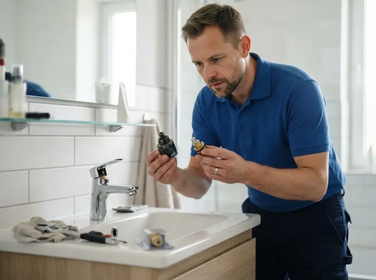 Sanitär-Techniker wechselt die Kartusche einer tropfenden Mischbatterie am Waschbecken